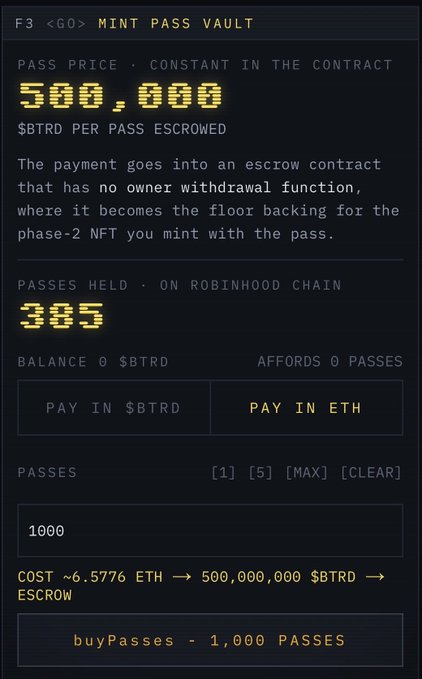 A screenshot of an NFT mint pass interface titled 'MINT PASS VAULT' showing a pass price of 500,000 $BTRD, 385 passes held, and options to pay in $BTRD or ETH.