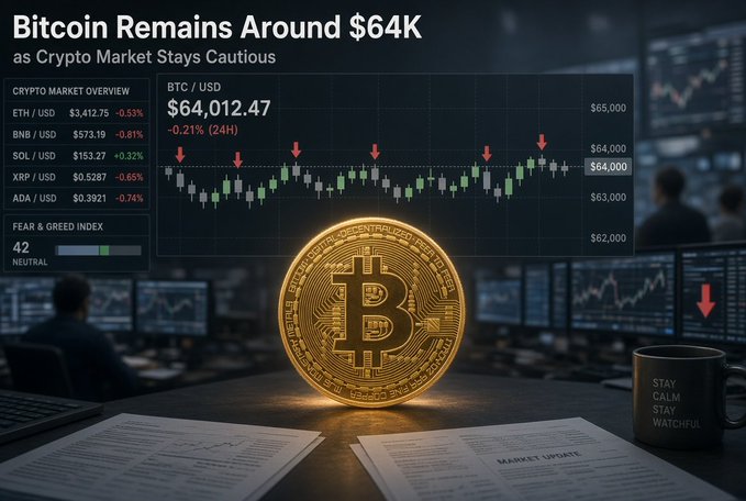 A crypto market overview graphic titled 'Bitcoin Remains Around $64K' showing BTC/USD at $64,012.47 (-0.21% 24H), with a Fear & Greed Index of 42 (Neutral) and a candlestick chart depicting Bitcoin price stability.
