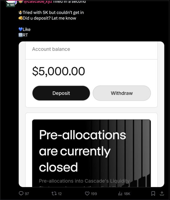 A tweet from @cascade_xyz mentions someone filling in a second, with a screenshot showing a $5,000.00 account balance and a message that 'Pre-allocations are currently closed.'