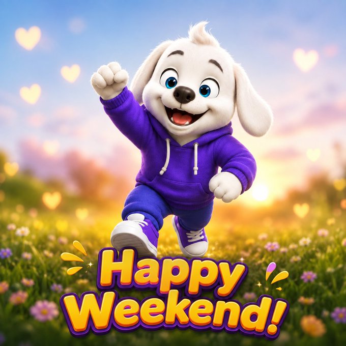 A cartoon illustration of a white puppy wearing a purple hoodie jumping joyfully in a grassy field with floating hearts, with "Happy Weekend!" text at the bottom.
