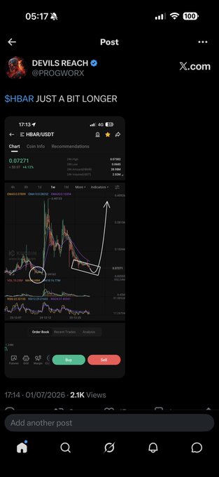 A phone screenshot shows a social media post by "DEVILS REACH (@PROGWORX)" featuring a TradingView chart of HBAR/USDT trading at 0.07271 with a circled area highlighting a potential breakout pattern, captioned "$HBAR JUST A BIT LONGER" alongside the caption "$HBAR ITS SHOWTIME," suggesting anticipation of an imminent price movement.