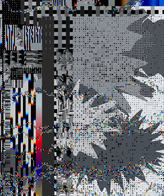 A pixelated, glitch-art style image featuring a chaotic mosaic of black, white, and gray squares with scattered colorful dots and a gray starburst shape on the right.