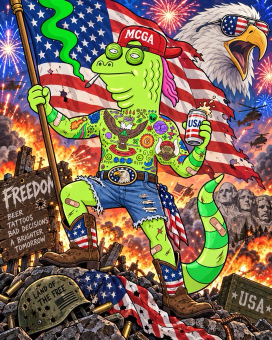 A vibrant cartoon illustration shows a tattooed lizard-like creature wearing a 'MCGA' (Make Cannabis Great Again) cap, holding a staff, with an American flag, eagle, Mount Rushmore, and signs reading 'FREEDOM', 'BEER, TATTOOS, BAD DECISIONS, A BRIGHTER TOMORROW', 'LAND OF THE FREE', and 'USA' in the background.