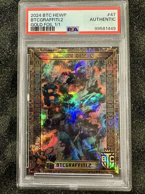 Graded PSA slab of a 2024 BTC HEWP 'BTCGRAFFITI.2' Gold Foil 1/1 trading card, marked authentic, featuring colorful holographic artwork with 'Halving Edition' text.