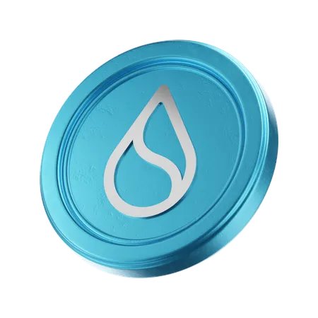 The image features a blue coin with a white "S" symbol, which could be interpreted as a drop or a tear. The coin has a metallic sheen that gives it an appealing appearance. The background of the image is plain white, allowing the blue coin and its design to stand out prominently. There are no other objects in the image, making the focus solely on the coin and its symbolism.