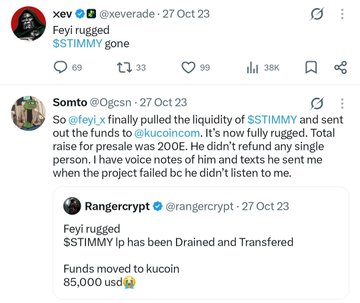 The image displays tweets from xe, Somto, and Rangercrypt discussing Feyi's "rug pull" of the $STIMMY liquidity, with the token being drained and 85,000 USDT transferred to KuCoin—contextualizing the backlash from "pons" launch spammers now criticizing Feyi after his project failed despite a 200E presale raise.