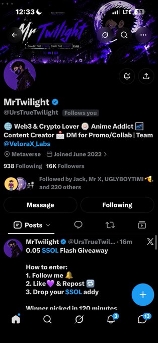 Twitter profile of @UrsTrueTwilight (MrTwilight) showing a $SOL Flash Giveaway post and stats of 16K followers.