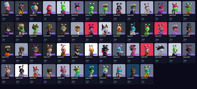 The image displays a collection grid of 52 cartoon-style rabbit NFT characters, each labeled "Rogue Rabbit" with sequential numbers (e.g., #31961, #31922, #31951), reflecting the post's theme of continuously collecting NFTs. The variety of unique rabbit designs—featuring different hats, outfits, and colors—highlights the breadth of the digital collectible series.