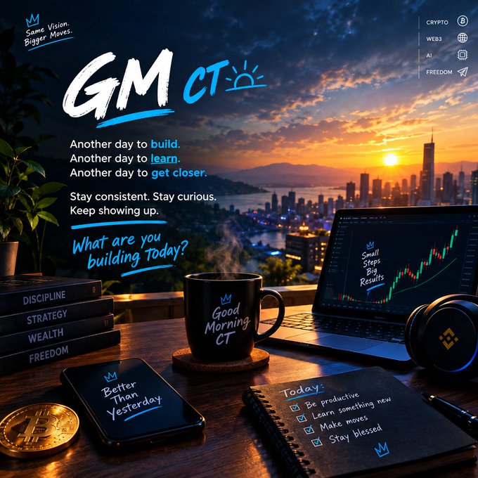 A motivational graphic reading 'Another day to build, learn, get closer' with 'Good Morning CT', showing a desk with books, a coffee mug, laptop, and Bitcoin, overlooking a sunset cityscape.