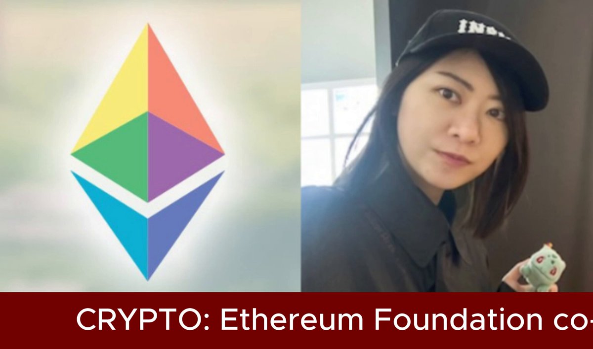 The image features an advertisement for the Ethereum Foundation co-founder Hsiao-Wei Wang, who has stepped down from his position as the co-executive director of the foundation. The ad includes a photo of Wang with a "Crypto" logo and a description that reads "Another Ethereum Foundation leader steps down Hsiao-Wei Wang". The image also shows a woman wearing a black hat holding a green object, which is likely an item related to the Ethereum Foundation or cryptocurrency.