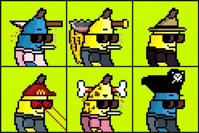 This pixel art collage features six different variations of a stylized, banana-themed character wearing sunglasses. These characters appear to be part of the "banana themed collection" mentioned in the post, showcasing various outfits and accessories.