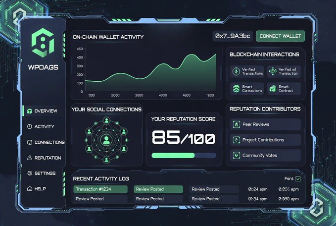 A futuristic dashboard for "WPDAGS" displays an "ON-CHAIN WALLET ACTIVITY" graph (0x7...9A3bc), an 85/100 reputation score, social connection nodes, and blockchain interactions, visually illustrating how Nucleus Code aggregates wallet, on-chain, and social signals into a measurable Web3 reputation score for builders.