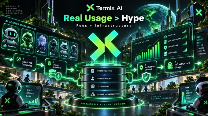 A futuristic promotional graphic for 'Termix AI' highlighting 'Real Usage > Hype' with text emphasizing 'Fees + Infrastructure,' 'Sustainable AI Agent Economy,' 'Onchain Settlement,' and 'Verification.' It depicts an AI Agents Marketplace with robot avatars alongside charts for Agent Jobs, Onchain Activity, and Infra Usage.