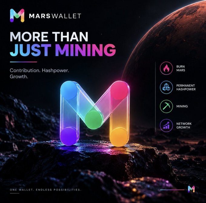 Promotional image for MarsWallet with the slogan 'MORE THAN JUST MINING,' featuring a glowing 3D 'M' logo against a Martian landscape, highlighting features like Burn Mars, Permanent Hashpower, Mining, and Network Growth.