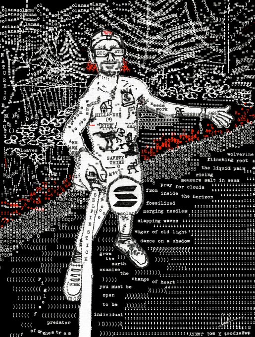 A complex ASCII art piece depicting a human figure composed of text, numbers, and symbols, with words like 'MILLIONS', 'SAFETY THIRD', 'liquid pain', 'sleeping waves', and 'the horizon' woven into the intricate black, white, and red design.
