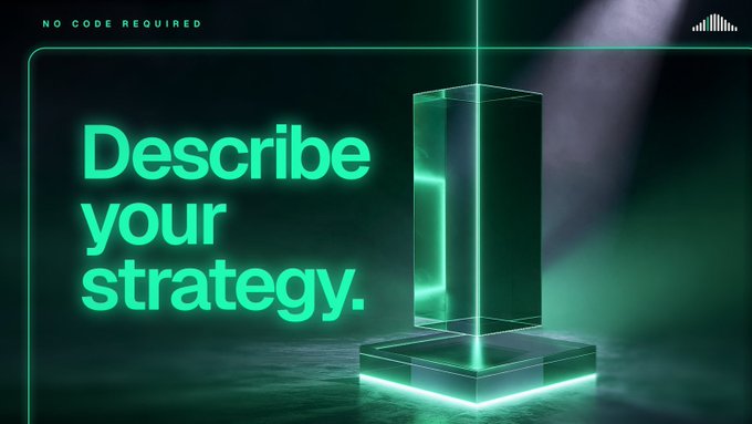 A dark promotional graphic with neon green text reading 'NO CODE REQUIRED' at the top and 'Describe your strategy.' beside a glowing transparent 3D rectangular prism.