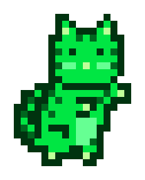A simple pixel art sprite of a green, cat-like creature with pointed ears and a lighter green belly.