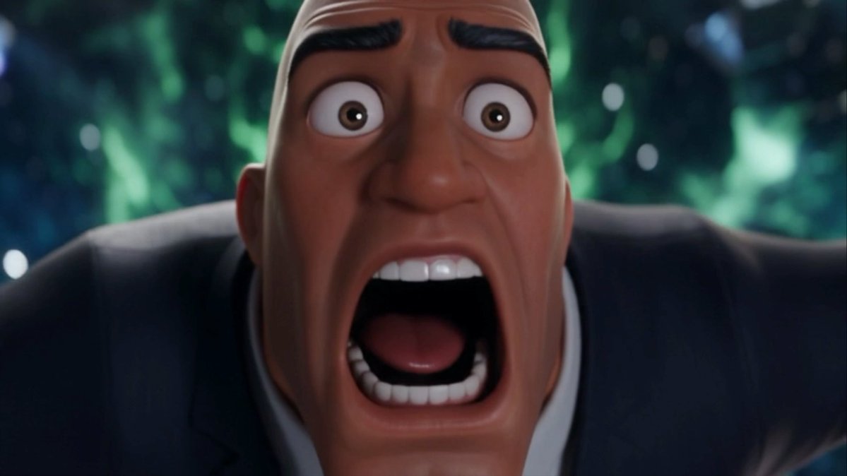 A close-up of a bald, cartoonish man in a dark suit with an exaggerated expression of shock—mouth wide open and eyes bulging—set against a glowing green and blue abstract background. The image appears to be a reaction meme emphasizing surprise or astonishment, fitting the playful, chaotic vibe of a crypto "threadpisode" tweet featuring various meme coin personalities.