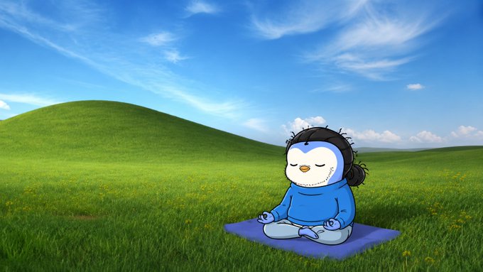 An animated character resembling a penguin in a blue hoodie meditates peacefully on a purple mat in a grassy field under a blue sky, styled like the Windows XP 'Bliss' wallpaper.