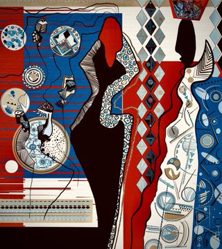 A colorful mixed-media abstract painting features two silhouetted figures surrounded by intricate patterns, including harlequin diamonds and circular motifs in red, blue, and white.
