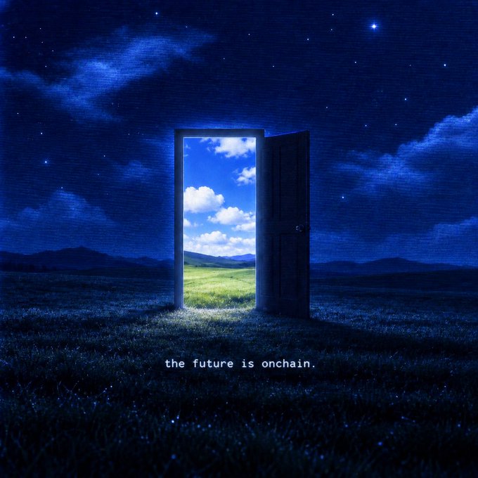 A lone open door in a dark, starry field reveals a bright daytime landscape, with the text "the future is onchain." written below, visually echoing the post's message that "the next chapter is already here" by portraying a portal from darkness into an illuminated new frontier.