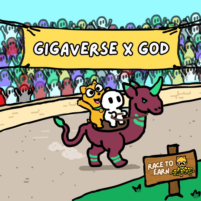 The image features a cartoon scene of two characters, a cat and an unicorn, riding together down a road. The text "GigaGod Racing Event is Live! noob and i hav teamed up this week for a speshal event where you can earn some $god and a limited edition god skin!" is displayed in the image. This suggests that there might be a racing event or competition taking place, possibly involving the characters from the cartoon. The post also mentions that players can win money by participating in such events.
