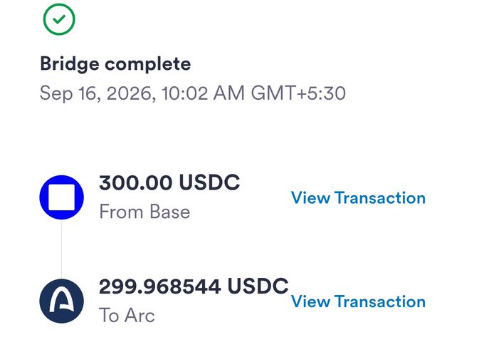 A confirmation screen showing a completed bridge transaction of 300.00 USDC from Base to Arc, receiving 299.968544 USDC on September 16, 2026. This visual proof supports the post's claim of bridging USDC to Arc mainnet in preparation for minting NFTs like @akadotfun and @ArclingsNFT.