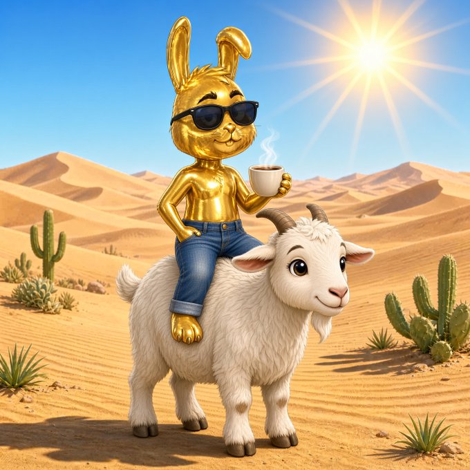 A 3D-rendered image of a shiny golden bunny wearing sunglasses and jeans, holding a steaming cup of coffee while riding a fluffy white goat through a desert landscape.