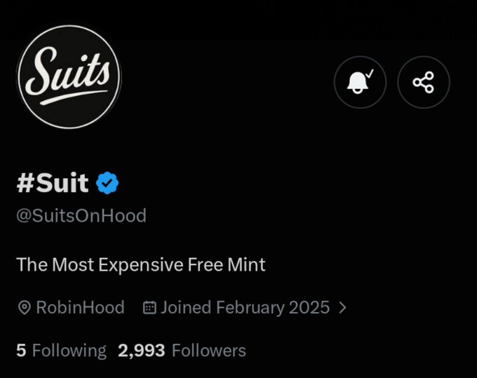 Twitter/X profile page for '#Suit' (@SuitsOnHood) with the tagline 'The Most Expensive Free Mint', location RobinHood, joined February 2025, showing 2,993 followers.