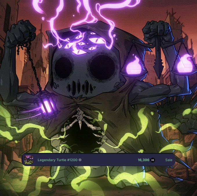 The image features a cartoon illustration of a monster with wings, holding a sword and a lantern. The monster has a skull-like face and is wearing a hooded robe. The background shows a cityscape with buildings and a river flowing through them. The caption reads "Legendary Turtsman of Famine was just scooped for 16,396H! The signs have been there... sentx.io/forevermint/ti". This suggests that the monster is a legend or a well-known character in the world of video games, and it has recently been acquired by someone who wishes to add it to their collection.