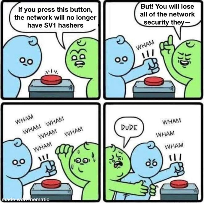A four-panel "Wham" comic where a blue character repeatedly smashes a green character's finger with a mallet to prevent them from pressing a red button that would remove "SV1 hashers" from the network.