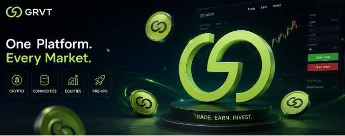 A promotional banner for GRVT, a crypto trading platform, with the tagline 'One Platform. Every Market.' featuring a large green logo, cryptocurrency coins, and icons for Crypto, Commodities, Equities, and Pre-IPO trading categories.