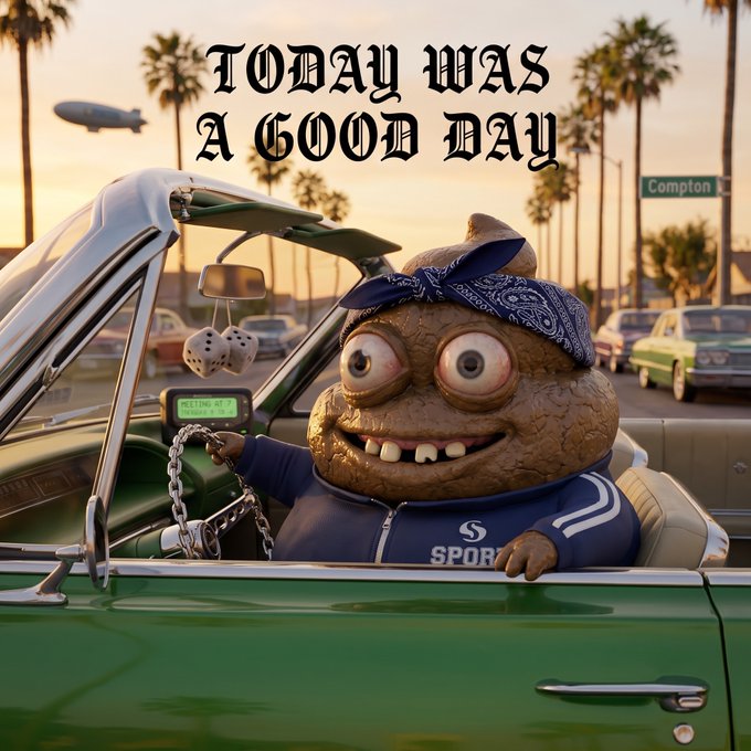 A grumpy cartoon poop character wearing a bandana and tracksuit drives a lowrider in Compton, with the text "Today was a good day" overhead. The image satirizes the meme by portraying a literal "poop NFT" character ironically living the laid-back, cruising lifestyle the original phrase celebrates.