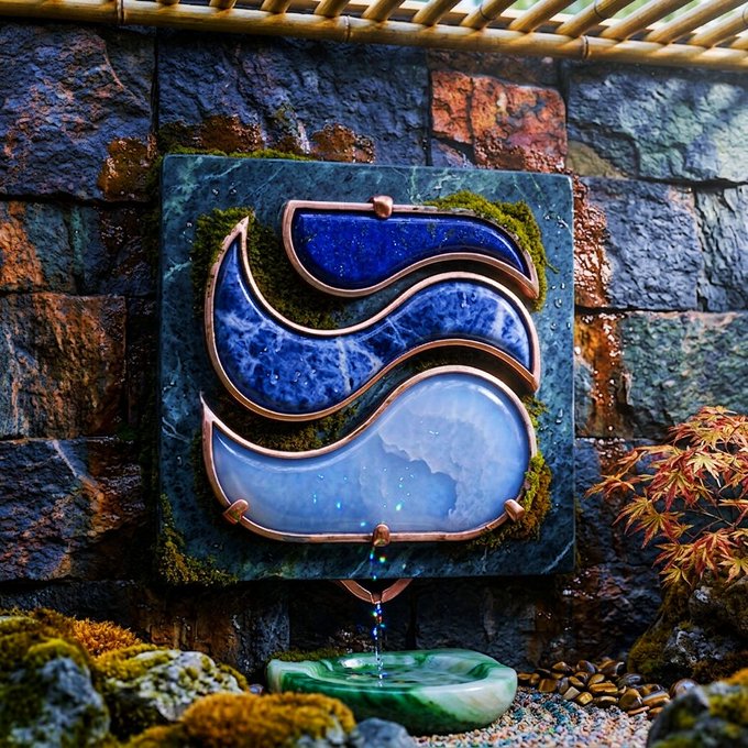 A decorative outdoor wall fountain featuring three wave-shaped blue and white panels framed in copper, mounted on a stone wall and dripping into a green basin below. The flowing water design symbolically reflects the steady, forward momentum of the @River4fun $RIVER airdrop campaign as it enters its final three days of Season 5.