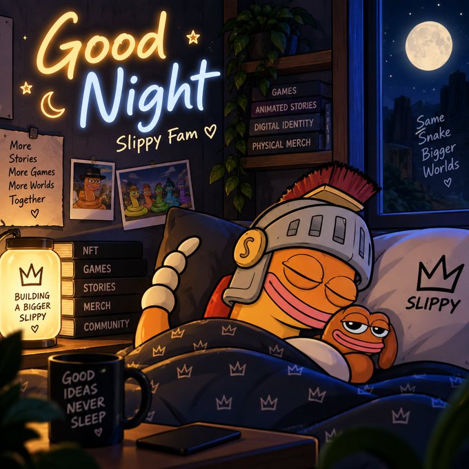 A digital illustration featuring a Slippy frog character sleeping in bed under a full moon, surrounded by neon signs reading 'Good Night Slippy Fam' and other text like 'Same Snake Bigger Worlds' and 'Building A Bigger Slippy'.