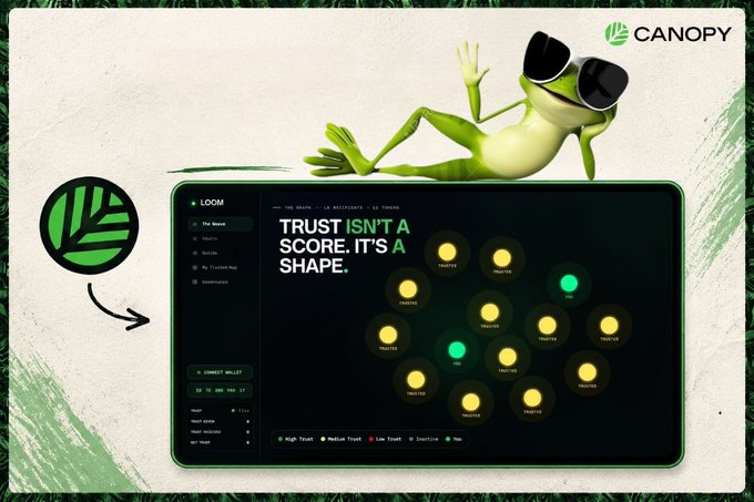 A Canopy promotional graphic featuring a frog mascot wearing sunglasses lounging above a dashboard interface. The interface, labeled 'LOOM', displays the text 'TRUST ISN'T A SCORE. IT'S A SHAPE.' alongside a trust assessment matrix with colored circles indicating high trust (green) and medium/low trust (yellow) ratings.