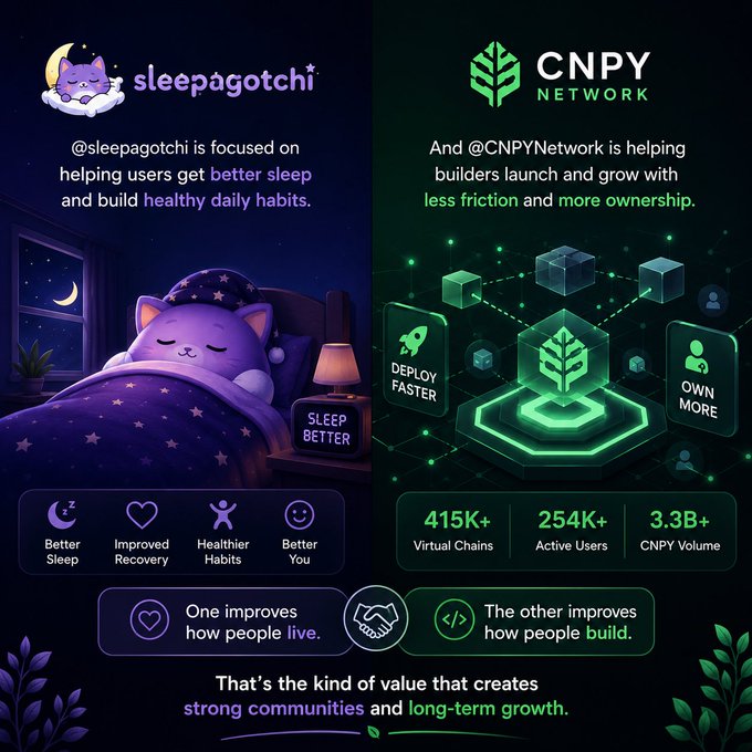 In this image, there are two cartoon illustrations next to each other that describe the content of a website called @CNPYNetwork. The left illustration shows a cat sleeping peacefully in bed at night, with a caption indicating that this is about helping users get better sleep and build healthier daily habits. On the right side of the image, another illustration depicts a rocket, symbolizing the development of new sleep technologies. A caption below these illustrations emphasizes the importance of building long-term infrastructure for sleep improvement. The images are placed next to each other, with the text above them clearly visible, allowing viewers to understand what the website is about and how it is related to the two illustrations.