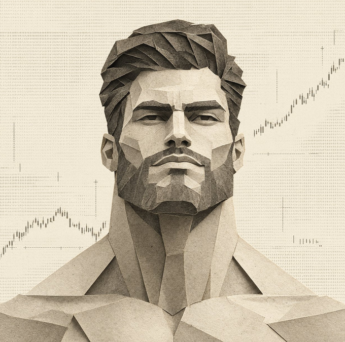 A low-poly, geometric illustration depicts the head and shoulders of a bearded man, with a faint candlestick chart overlay visible in the background.