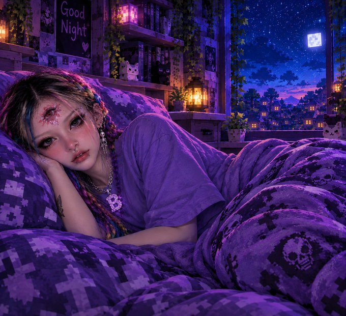 An anime-style digital illustration of a girl with colorful braids and a jeweled eye, wearing a purple shirt and lying on a skull-patterned bed with a "Good Night" sign in the background.