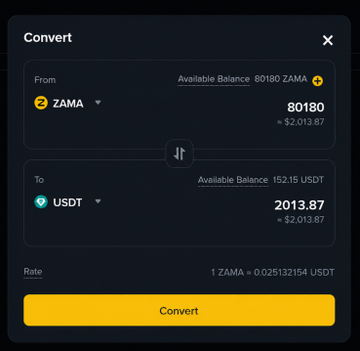 A cryptocurrency conversion interface showing '80180 ZAMA' being converted to '2013.87 USDT' with a yellow 'Convert' button and the rate '1 ZAMA = 0.025132154 USDT'.