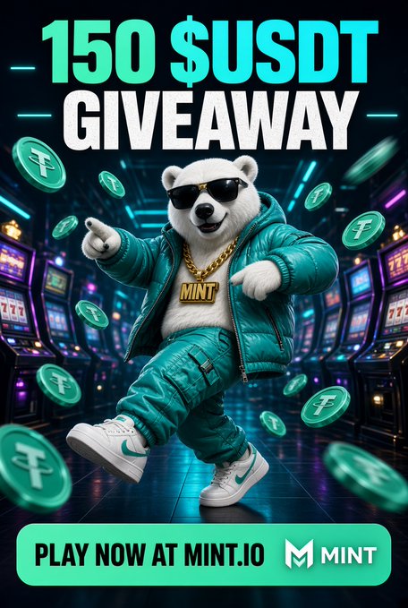 A promotional graphic advertising a '150 $USDT GIVEAWAY' featuring an anthropomorphic white bear in a teal tracksuit and sunglasses, with 'PLAY NOW AT MINT.IO' branding.