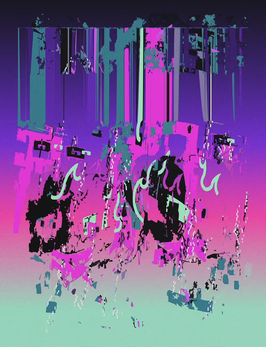 An abstract digital artwork features glitch-like, distorted vertical shapes in vibrant pink, purple, teal, and black hues.