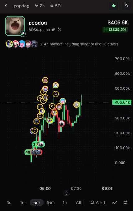 A cryptocurrency chart showing the "popdog" token (BDSS...pump) on the 5-minute timeframe, currently priced at $406.6K with a 12,228.5% gain over 2 hours, with 2.4K holders. The chart displays heavily concentrated buy activity near the top of the price surge, illustrating the post's warning that this is likely a pump-and-dump scheme associated with "slingoor," where insider wallets accumulated early before the dramatic price spike.