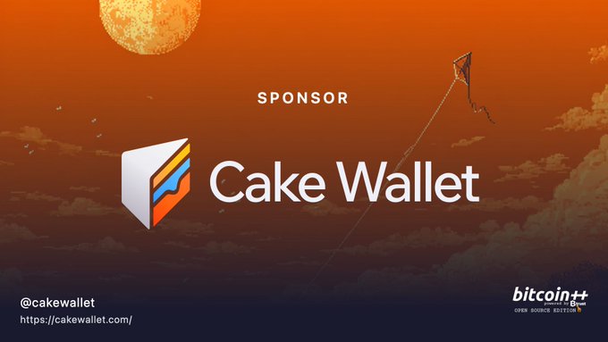 The image features a banner for Cake Wallet that includes an orange background with clouds and a kite flying above it. The text "Spooner" is written in white letters, and the words "Cake Wallet" are written in blue letters below the kite. The post also mentions that there will be a Bitcoin++ event on June 17-19, Nairobi, open source edition.