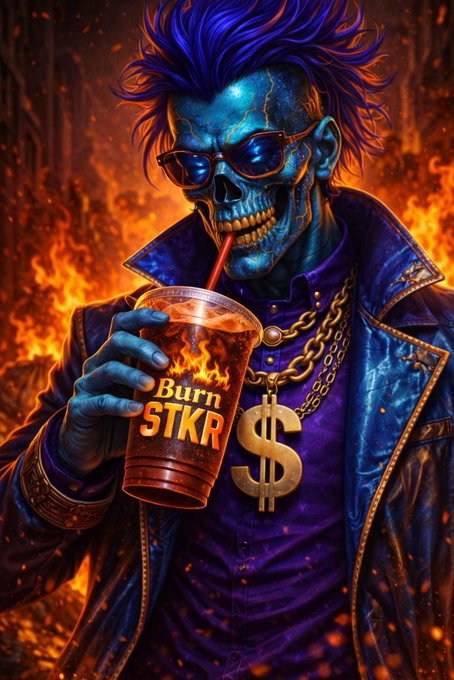 The image features a skull wearing sunglasses, holding a drink with "Burn Stkr" written on it. The skull appears to be dressed in a blue jacket and has a chain around its neck. The background of the image shows a fire, adding an intense atmosphere to the scene. The post includes text that reads "Good Night Legends Hope you achieved recess today. Plan for the new week Adjust your targets. Because only execution gets rewarded. $STKR X @RRMemeMilitia launchmynft.io/collections/4m".