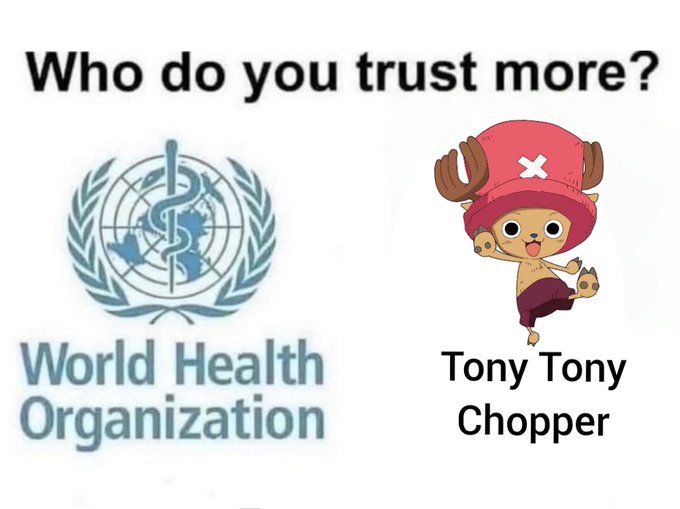A meme image with the text 'Who do you trust more?' comparing the World Health Organization logo to an image of Tony Tony Chopper from One Piece.