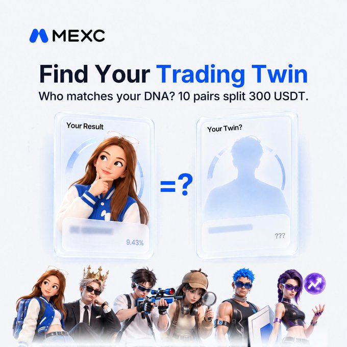 A MEXC promotional banner advertising a 'Find Your Trading Twin' campaign offering 10 pairs to split 300 USDT, featuring animated character avatars and a 9.43% result match.