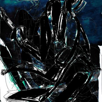 The image features an abstract artwork dominated by bold black brushwork with accents of teal and blue against a white background, showcasing dynamic, gestural strokes that convey energy and movement. The post relates to this as an auction listing for the piece, inviting bidders to participate in the live sale and highlighting upcoming auctions.