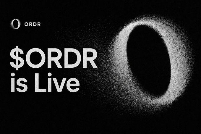 A bold black promotional graphic with the ORDR logo and the text "$ORDR is Live" alongside a large spray-painted "O," announcing the launch of the $ORDR token on Solana with its contract address and claim page.