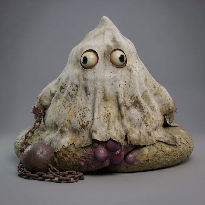 Gross stained sheet ghost-like creature with large bulging eyes, chained to a rusted ball, sitting on lumpy terrain with purple grapes visible underneath.